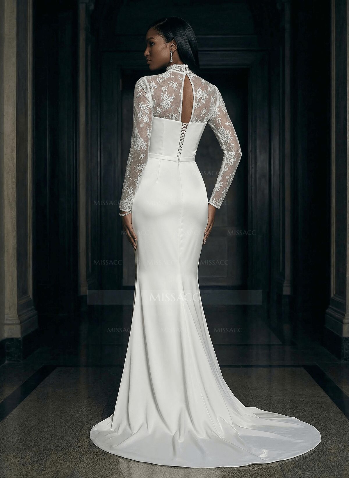 High Neck Lace Long Sleeves Satin Wedding Dresses