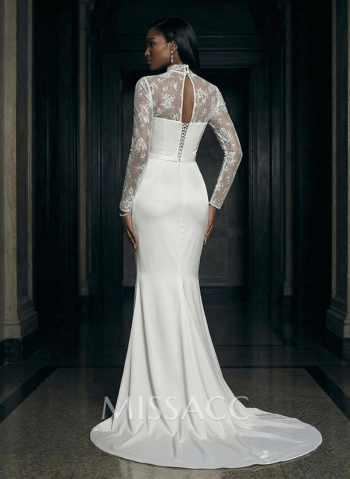 High Neck Lace Long Sleeves Satin Wedding Dresses High Neck Lace Long Sleeves Satin Wedding Dresses