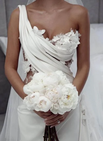 flower one shoulder wedding dresses Elegant Off One Shoulder Wedding Dress with Tulle - Floral Applique Wedding Gown - Open Back Wedding Dress Plus Size