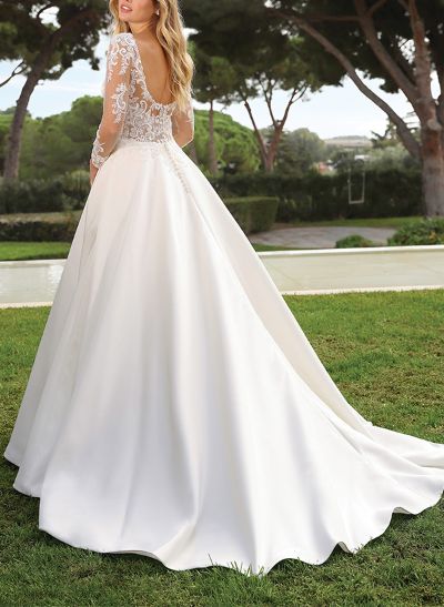 A-Line V-Neck Long Sleeves Sweep Train Satin Wedding Dresses With Lace