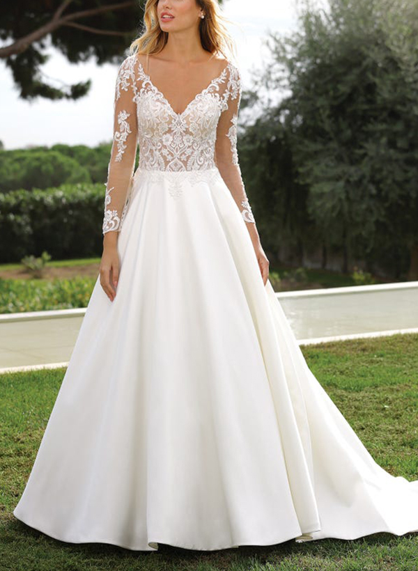 A-Line V-Neck Long Sleeves Sweep Train Satin Wedding Dresses With Lace