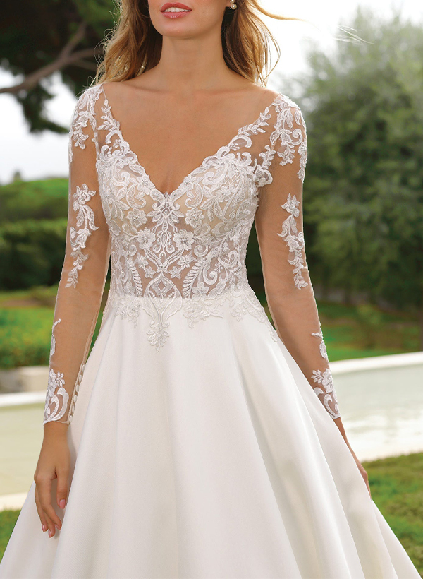 A-Line V-Neck Long Sleeves Sweep Train Satin Wedding Dresses With Lace