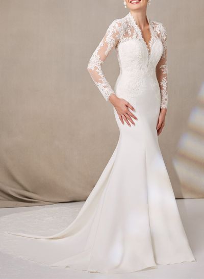Trumpet/Mermaid V-Neck Long Sleeves Wedding Dresses With Appliques Lace