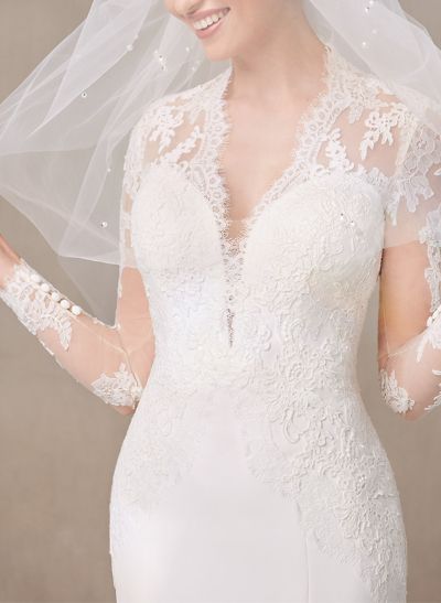 Trumpet/Mermaid V-Neck Long Sleeves Wedding Dresses With Appliques Lace