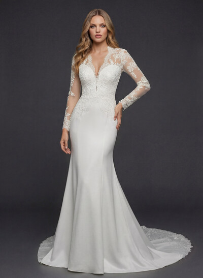 Trumpet/Mermaid V-Neck Long Sleeves Wedding Dresses With Appliques Lace