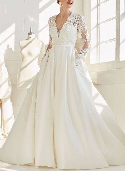 A-Line V-Neck Long Sleeves Satin Wedding Dresses With Pockets