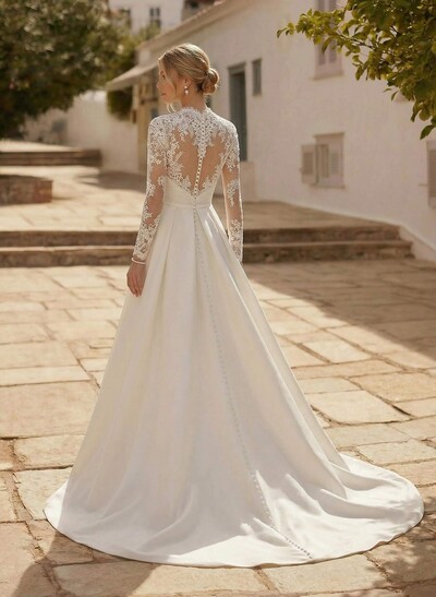 A-Line V-Neck Long Sleeves Satin Wedding Dresses With Pockets