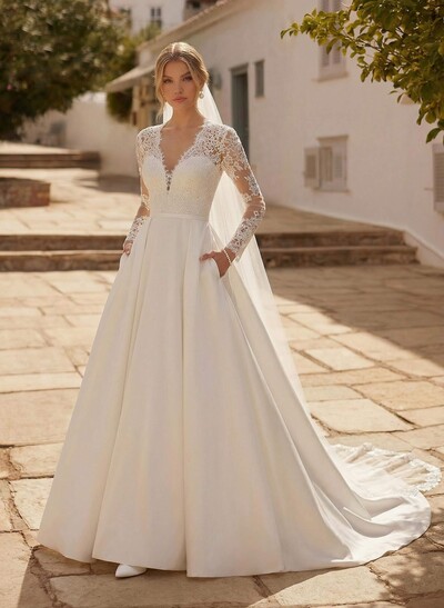 A-Line V-Neck Long Sleeves Satin Wedding Dresses With Pockets