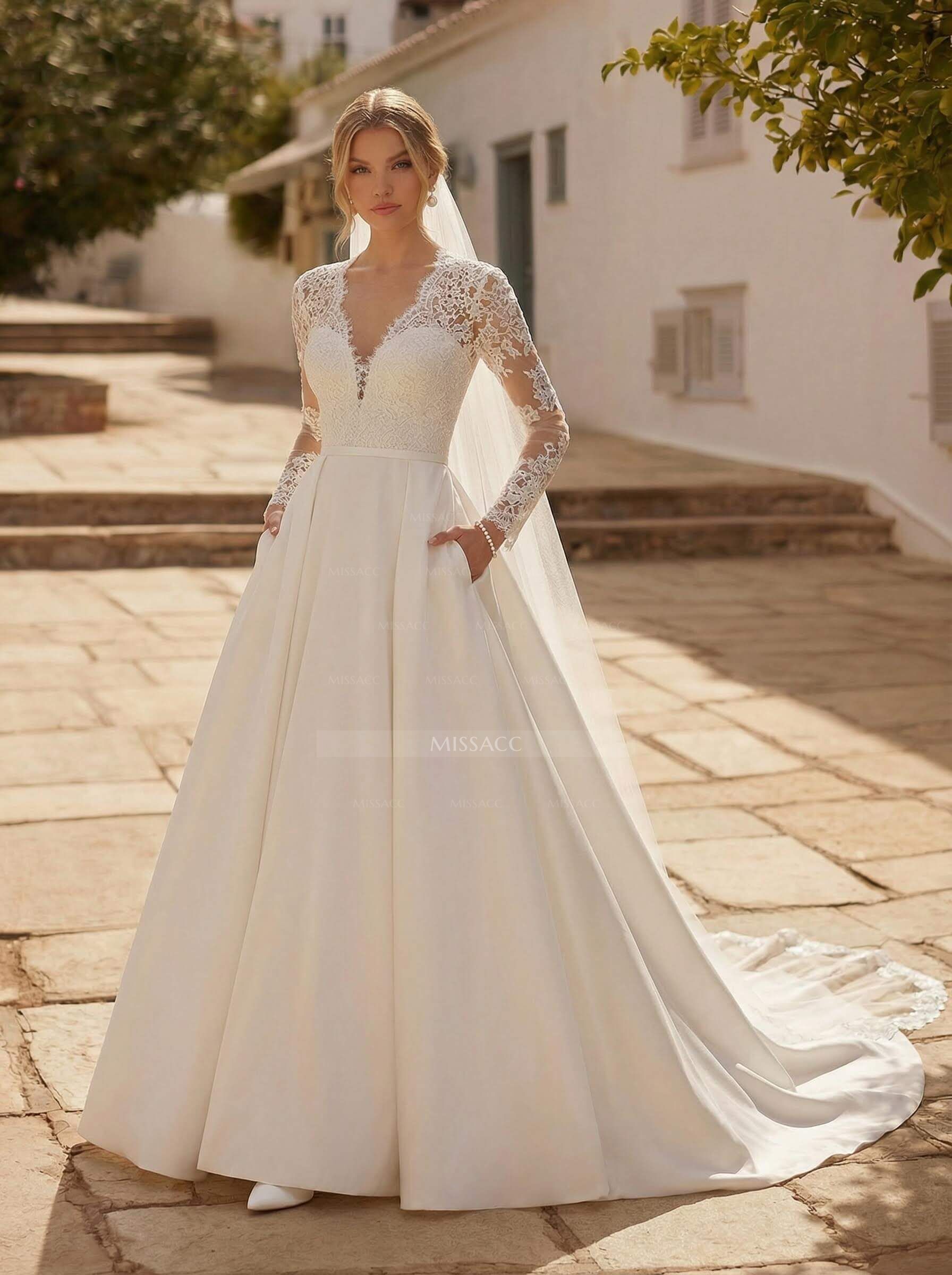 A-Line V-Neck Long Sleeves Satin Wedding Dresses With Pockets