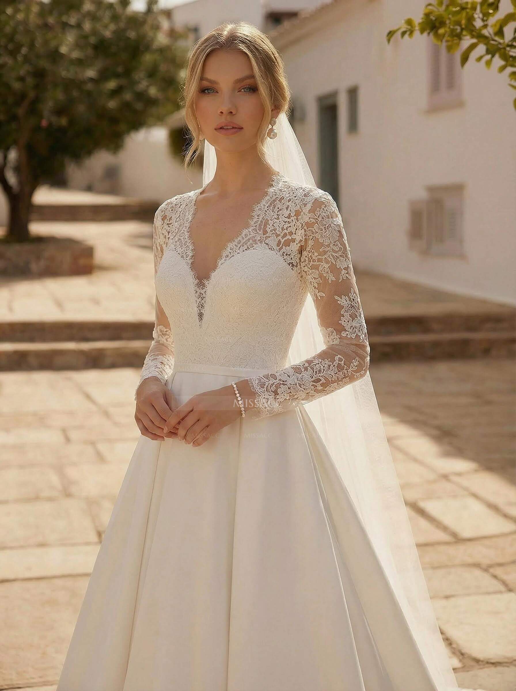 A-Line V-Neck Long Sleeves Satin Wedding Dresses With Pockets
