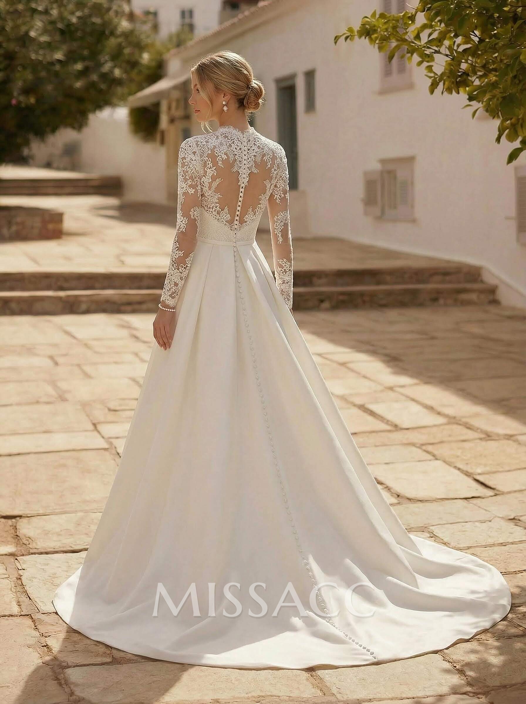 A-Line V-Neck Long Sleeves Satin Wedding Dresses With Pockets A-Line V-Neck Long Sleeves Satin Wedding Dresses With Pockets