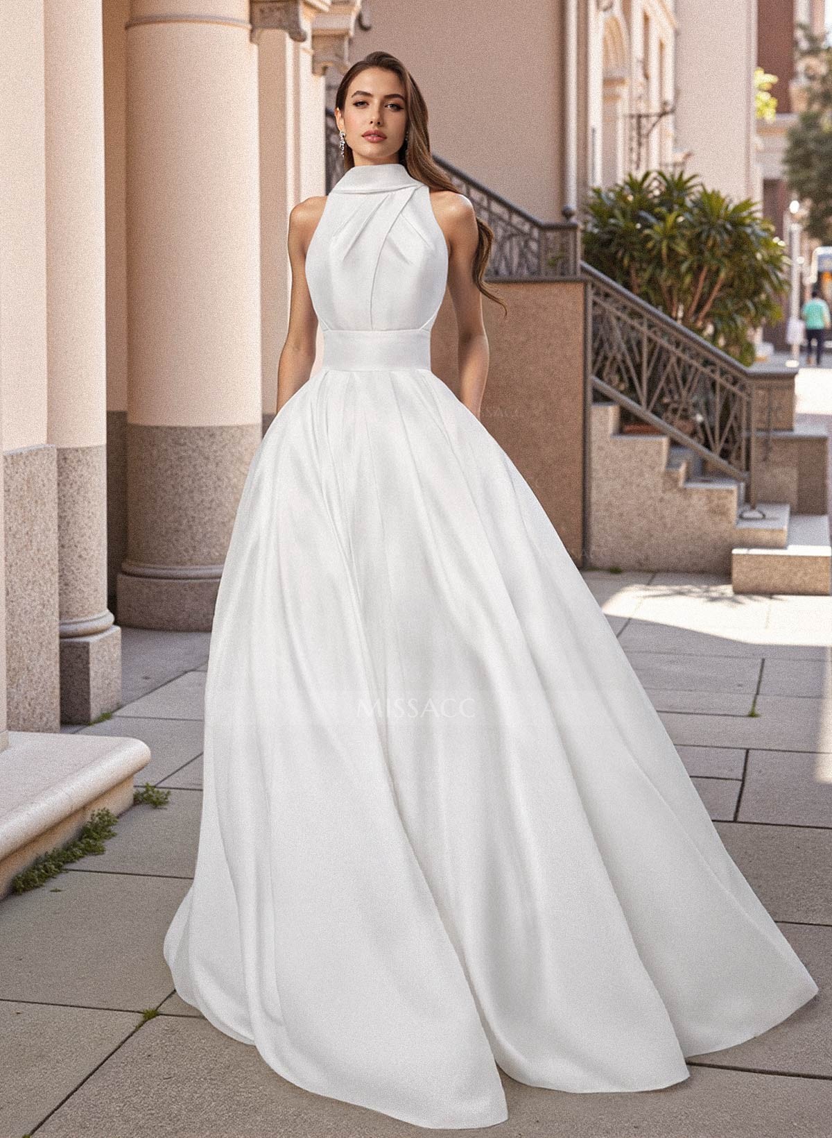 A-Line Halter Sleeveless Sweep Train Satin Wedding Dresses With Pockets