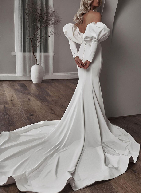 Trumpet/Mermaid Strapless Long Sleeves Elastic Satin Wedding Dresses With Beading