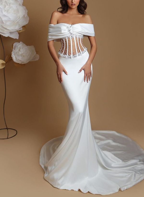 Trumpet/Mermaid Off-The-Shoulder Sleeveless Sweep Train Wedding Dresses