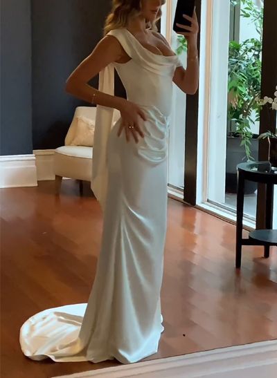 Cowl Neck Sleeveless Sweep Train Wedding Dresses