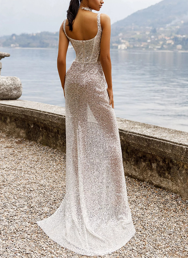 Sheath/Column Square Neckline Sequined Wedding Dresses With Split Front