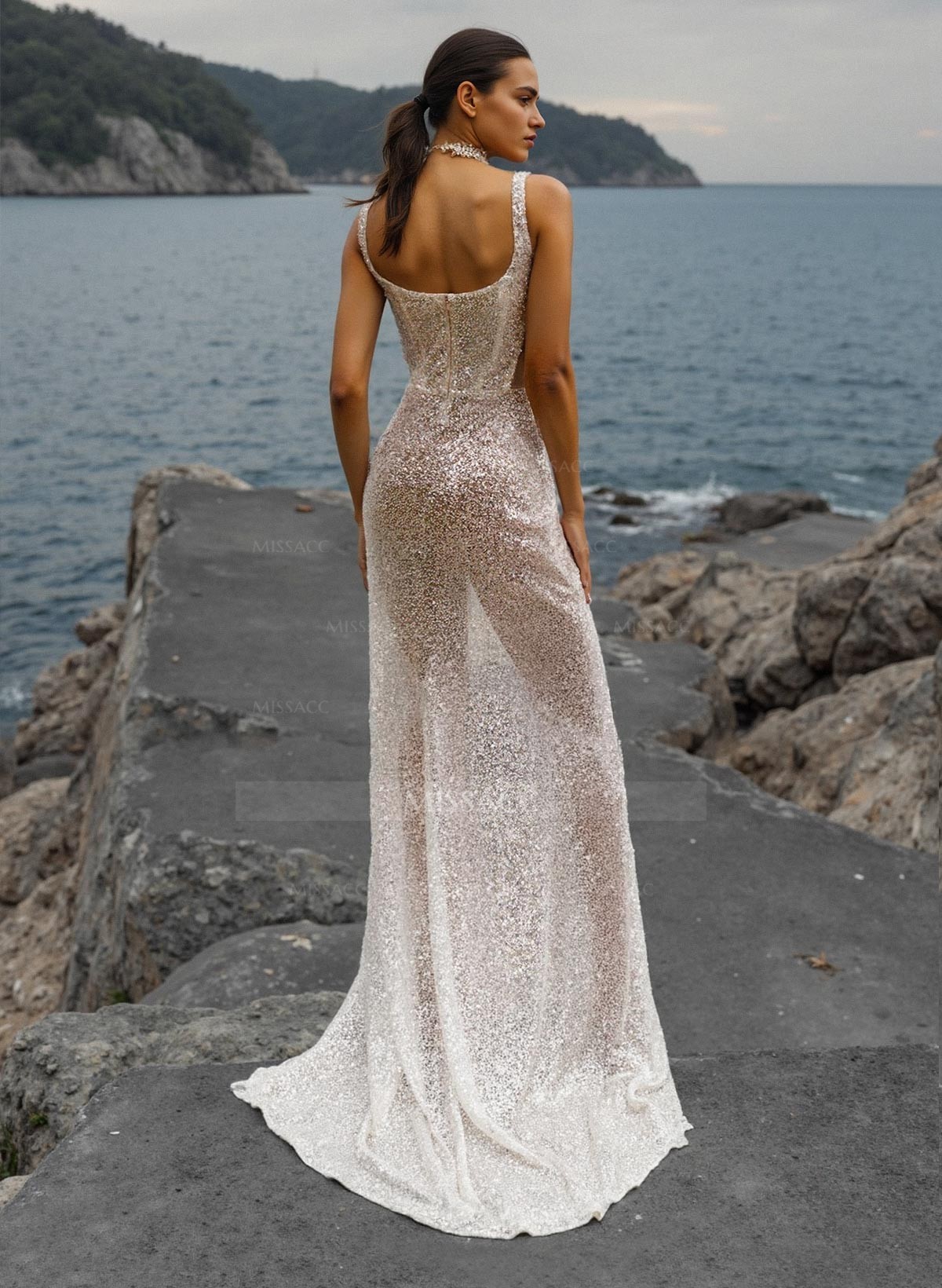 Sheath/Column Square Neckline Sequined Wedding Dresses With Split Front