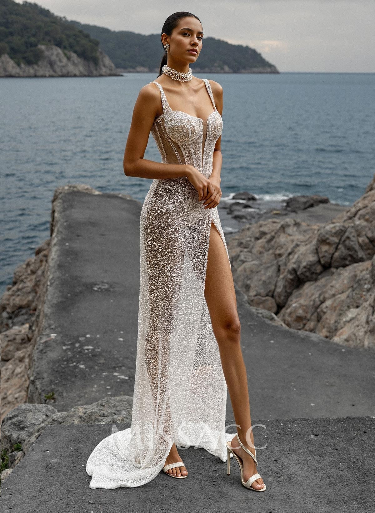 Sheath/Column Square Neckline Sequined Wedding Dresses With Split Front Sheath/Column Square Neckline Sequined Wedding Dresses With Split Front