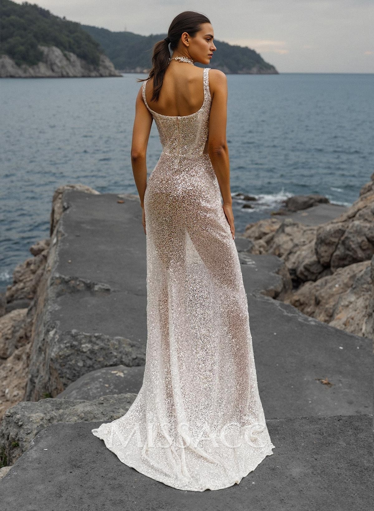 Sheath/Column Square Neckline Sequined Wedding Dresses With Split Front Sheath/Column Square Neckline Sequined Wedding Dresses With Split Front