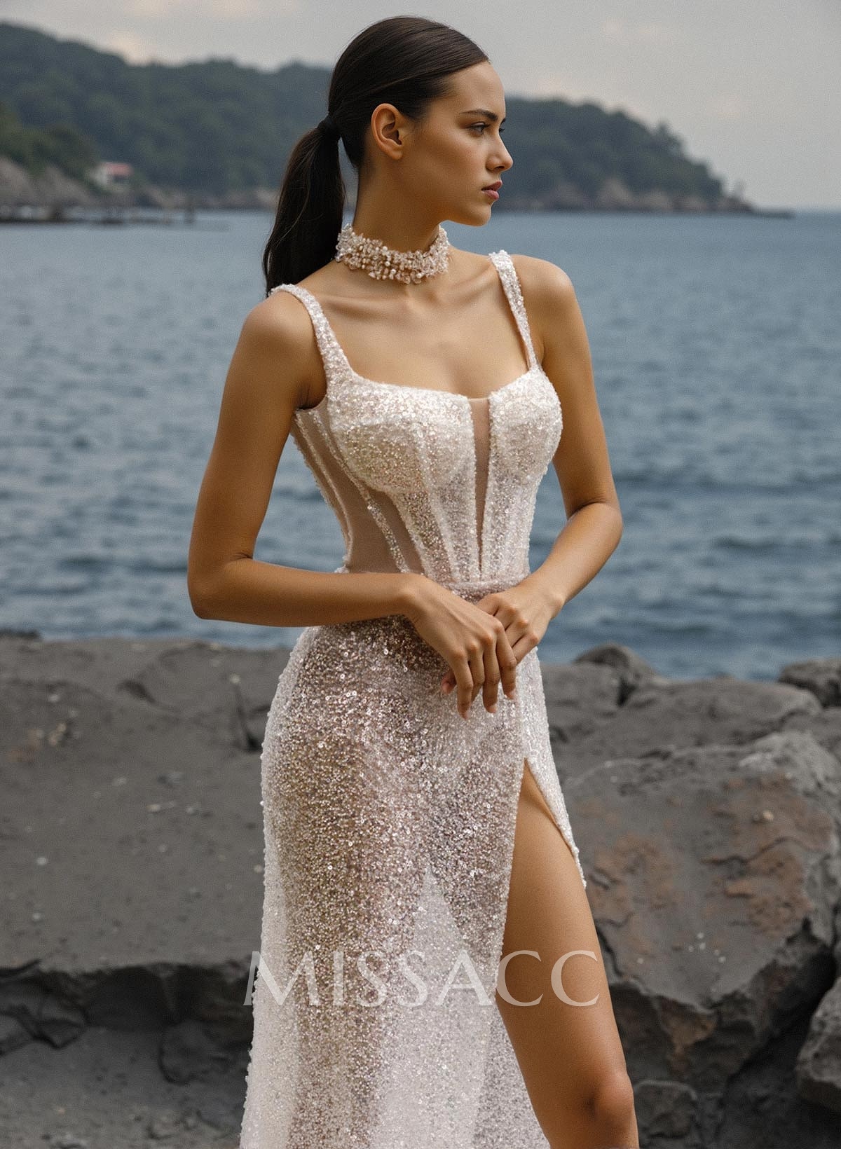 Sheath/Column Square Neckline Sequined Wedding Dresses With Split Front Sheath/Column Square Neckline Sequined Wedding Dresses With Split Front