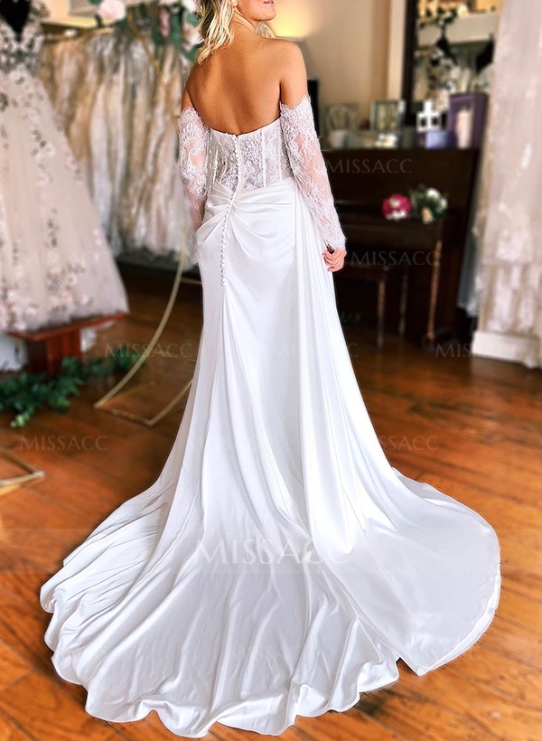 Sheath/Column Sweetheart Long Sleeves Satin Wedding Dresses With Split Front
