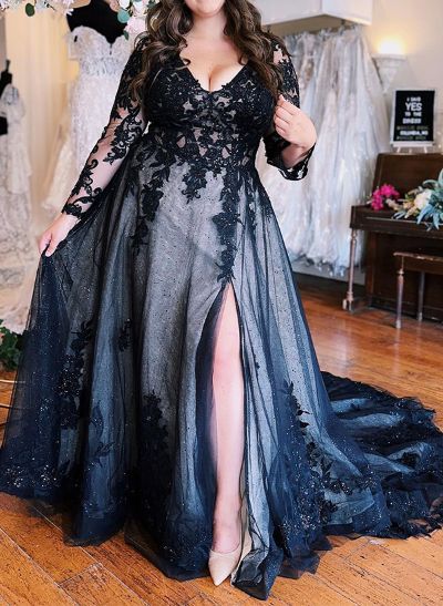 A-Line V-Neck Long Sleeves Tulle Wedding Dresses With Appliques Lace