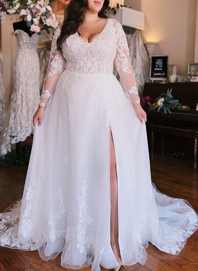 A-Line V-Neck Long Sleeves Tulle Wedding Dresses With Appliques Lace