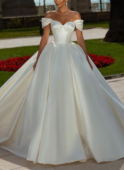 Ball-Gown Off-The-Shoulder Sleeveless Sweep Train Satin Wedding Dresses