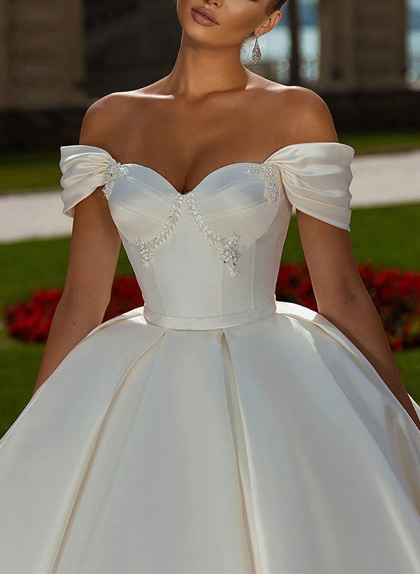 Ball-Gown Off-The-Shoulder Sleeveless Sweep Train Satin Wedding Dresses