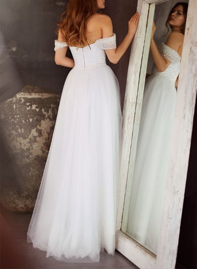 A-Line Off-The-Shoulder Sleeveless Floor-Length Wedding Dresses