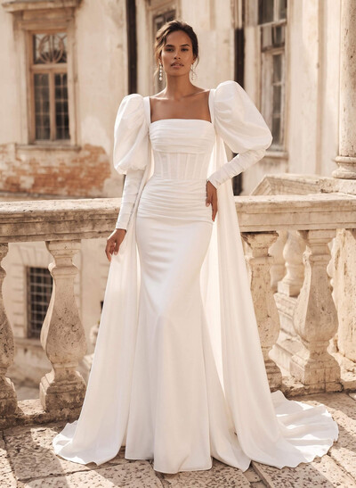 Sheath/Column Square Neckline Long Sleeves Sweep Train Wedding Dresses