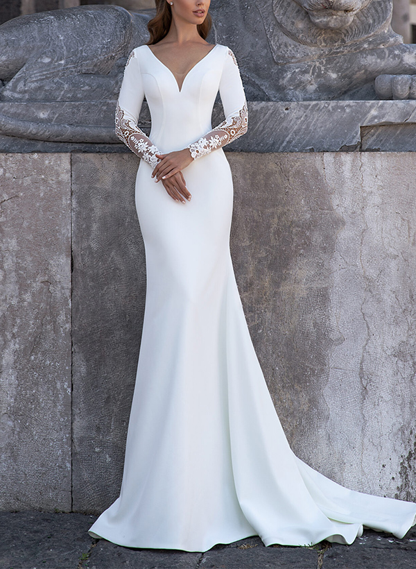 Sheath/Column V-Neck Long Sleeves Sweep Train Wedding Dresses