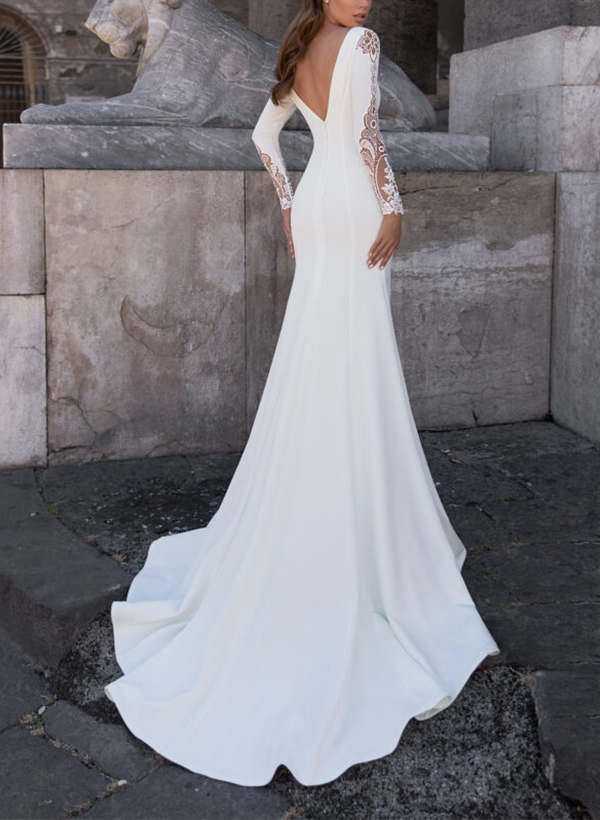 Sheath/Column V-Neck Long Sleeves Sweep Train Wedding Dresses