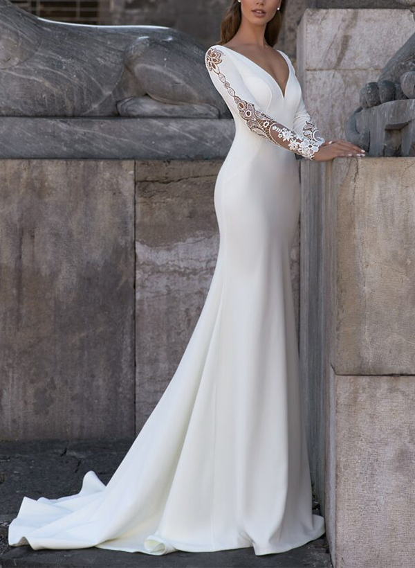 Sheath/Column V-Neck Long Sleeves Sweep Train Wedding Dresses