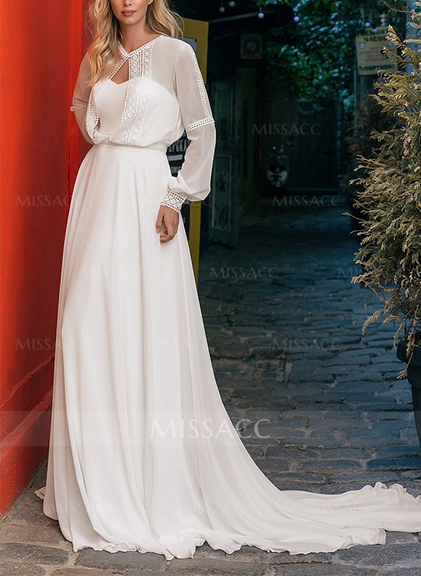 A-Line Long Sleeves Sweep Train Chiffon Wedding Dresses