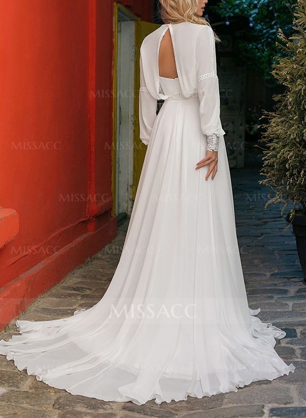 A-Line Long Sleeves Sweep Train Chiffon Wedding Dresses