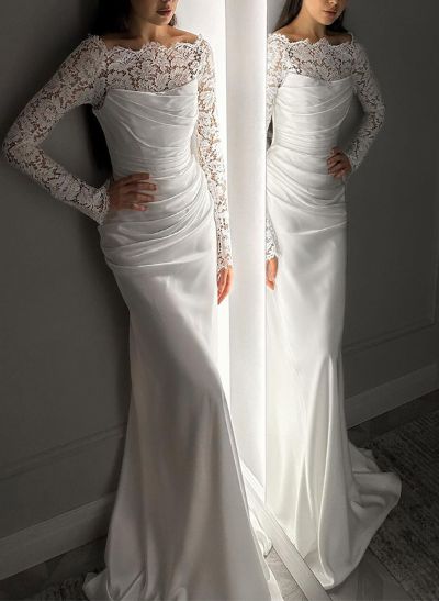 Sheath/Column Long Sleeves Silk Like Satin Wedding Dresses With Lace