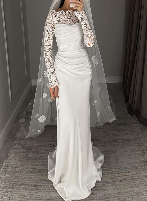 Sheath/Column Long Sleeves Silk Like Satin Wedding Dresses With Lace