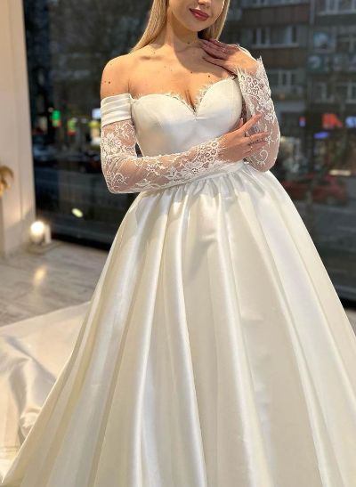 Long Sleeves Off-The-Shoulder Ball-Gown Satin Wedding Dresses