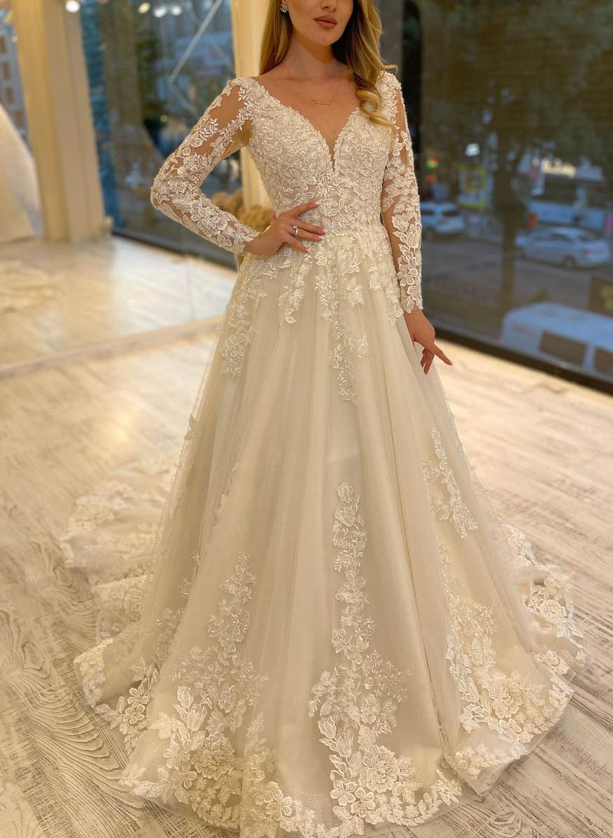 Luxury Lace V-Neck Long Sleeves A-Line Wedding Dresses