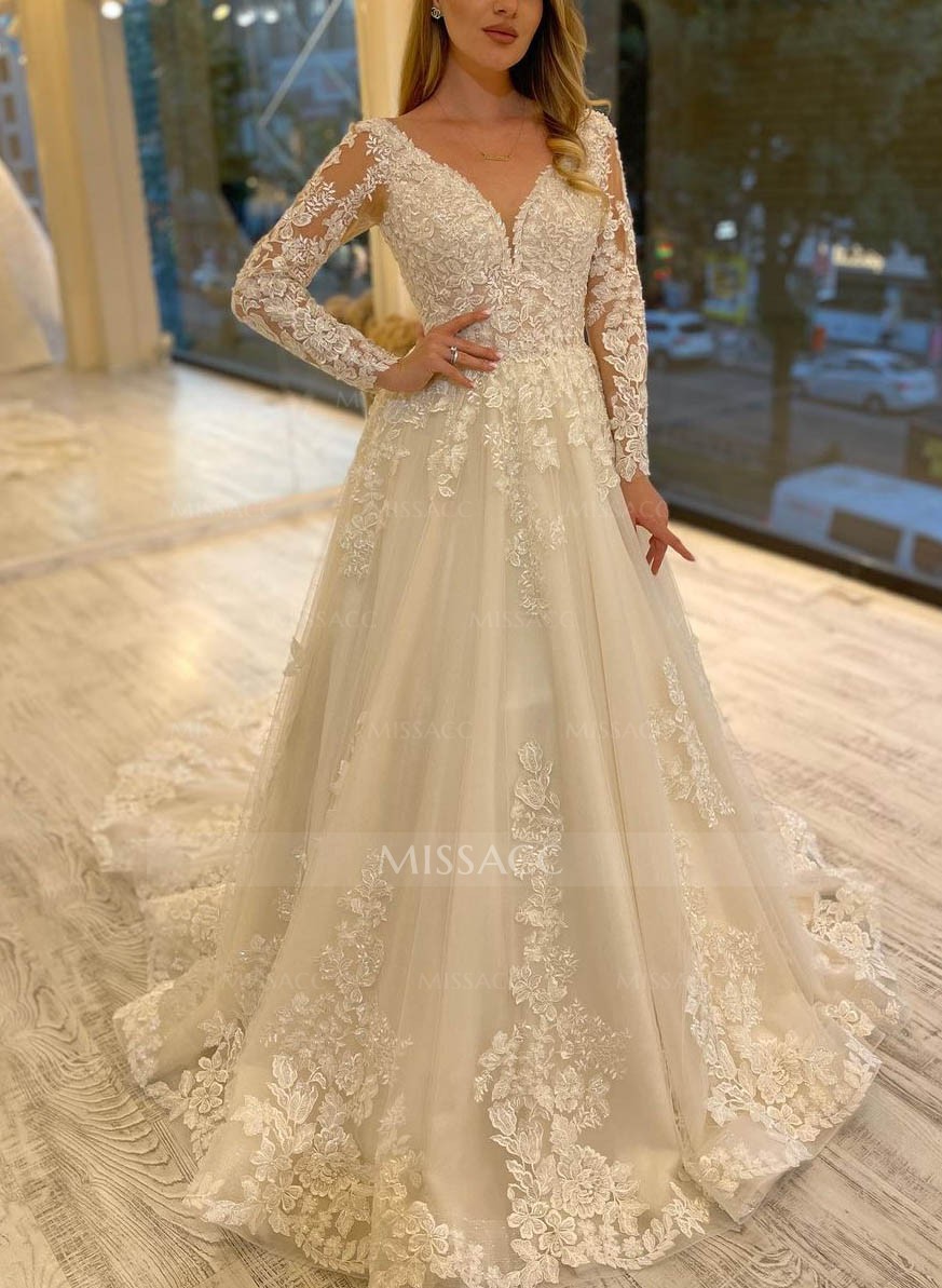 Luxury Lace V-Neck Long Sleeves A-Line Wedding Dresses