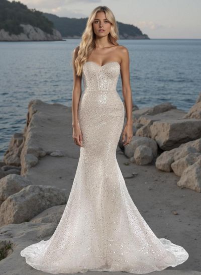 Mermaid Off-The-Shoulder/Sweetheart Long Sleeves Sequined Wedding Dresses