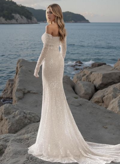 Mermaid Off-The-Shoulder/Sweetheart Long Sleeves Sequined Wedding Dresses