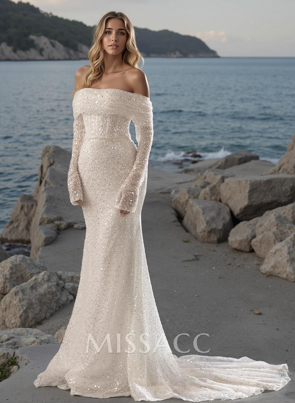 Mermaid Off-The-Shoulder/Sweetheart Long Sleeves Sequined Wedding Dresses Mermaid Off-The-Shoulder/Sweetheart Long Sleeves Sequined Wedding Dresses