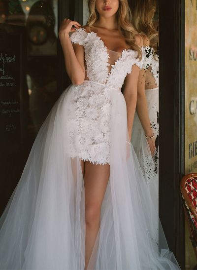 Sheath/Column Off-The-Shoulder Sleeveless Detachable Wedding Dresses