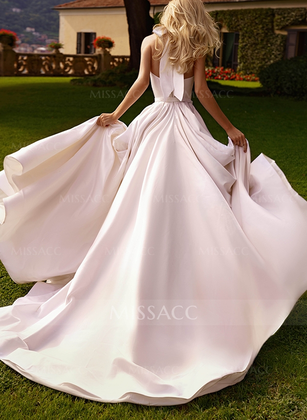 A-Line Halter Sleeveless Sweep Train Satin Wedding Dresses