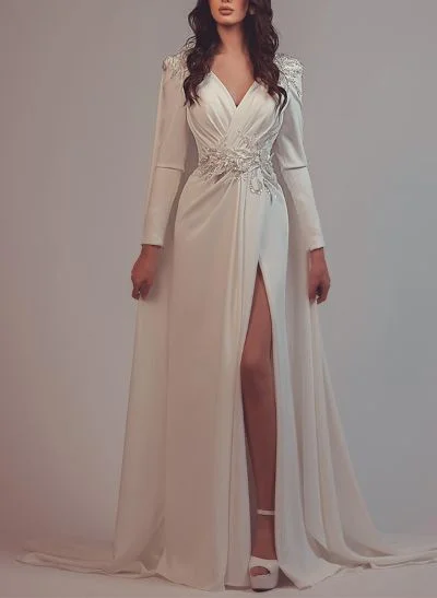 Sheath/Column V-Neck Long Sleeves Chiffon Wedding Dresses With Sequins