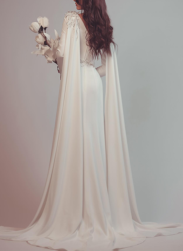 Sheath/Column V-Neck Long Sleeves Chiffon Wedding Dresses With Sequins