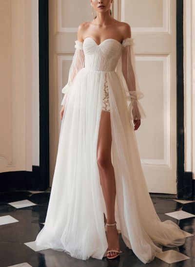 Sweetheart A-Line Long Sleeves Pleated Wedding Dresses