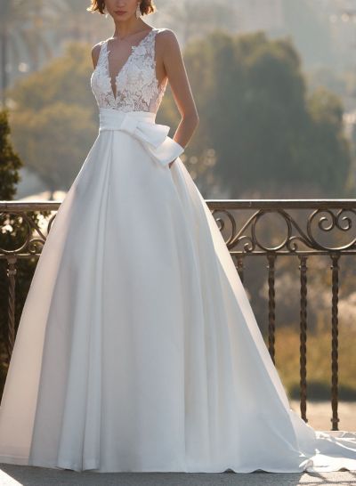 Lace Satin Ball-Gown V-Neck Wedding Dresses